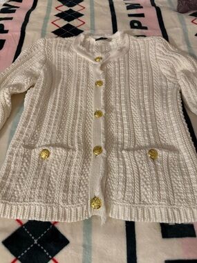 Tahari White Knit Cardigan with Gold Buttons